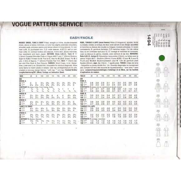 Vogue 1494 Misses 6 to10 Dress, Tunic, and Skirt Vintage Uncut Sewing Pattern - Picture 2 of 2